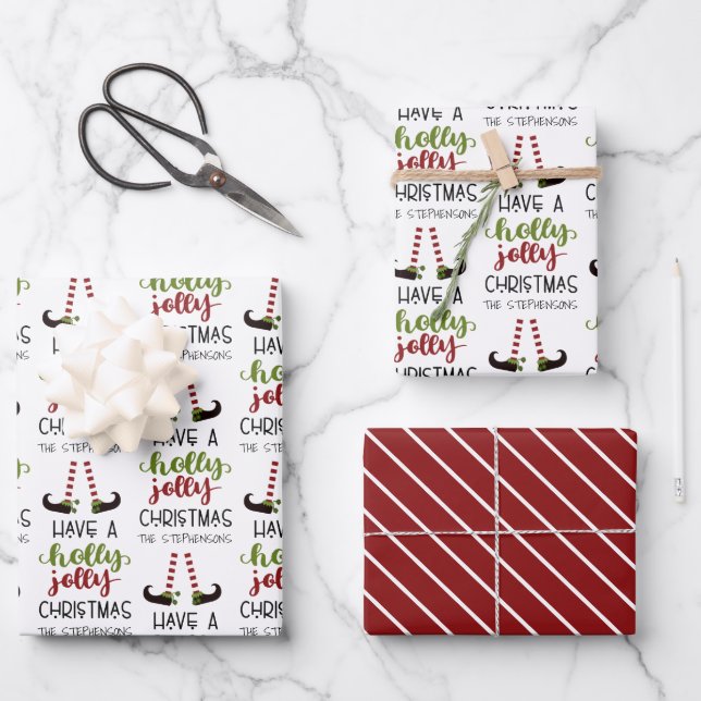 Cute Elf Holly Jolly Christmas Personalised Wrapping Paper Sheet (Front)