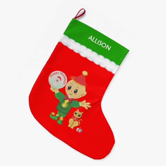 Cute Elf Large Christmas Stocking (Front (Hanging))