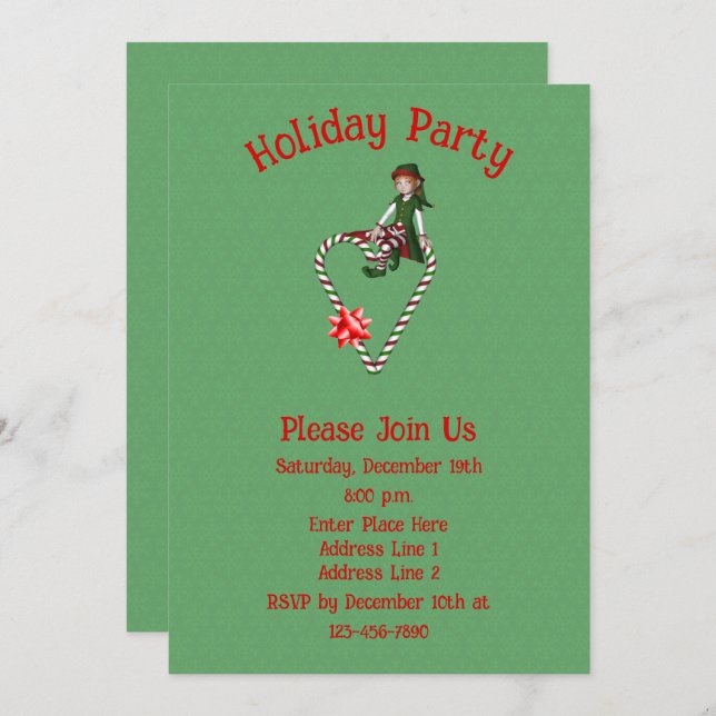 Cute Elf On Candy Cane Heart Christmas Holiday  Invitation (Front/Back)