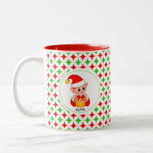 Cute Elf on Green & Red Diamond Star Pattern Two-Tone Coffee Mug