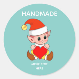 Cute Elf on Light Teal and Handmade Text Classic Round Sticker