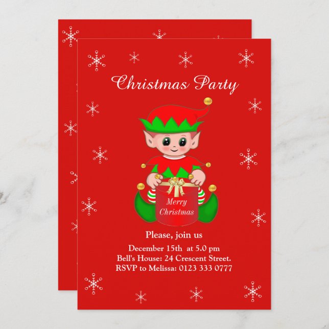 Cute Elf on Red Christmas Party Invitation (Front/Back)