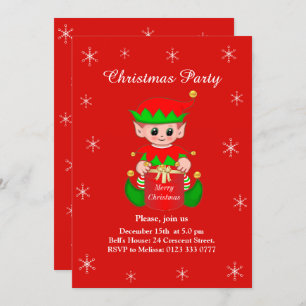 Cute Elf on Red Christmas Party Invitation
