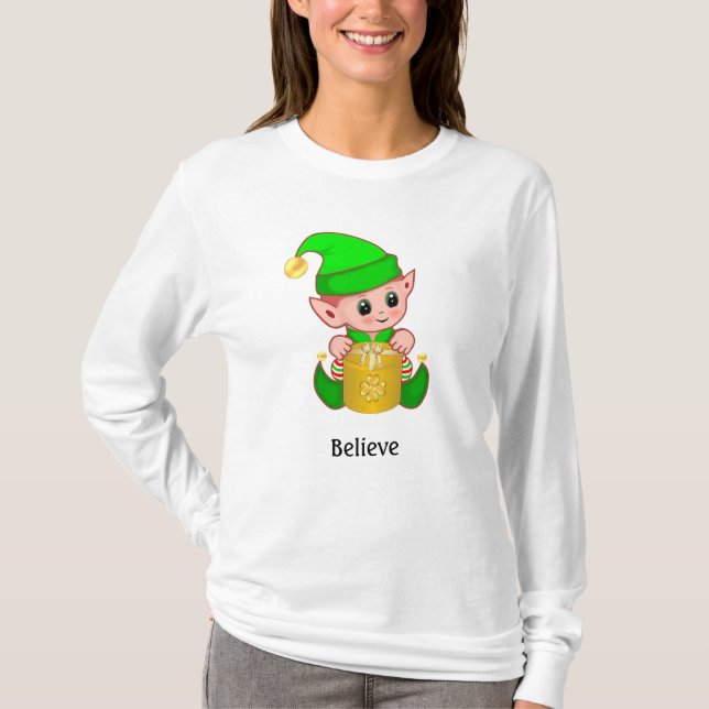 Cute Elf & Personalised Text T-Shirt (Front)