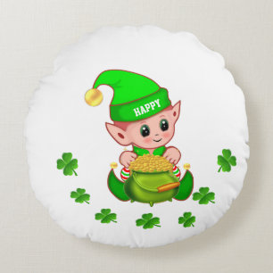 Cute elf, pot of gold & lucky shamrocks on white round cushion