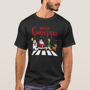 Cute Elf Santa And Snowman Road Merry Christmas Ho T-Shirt