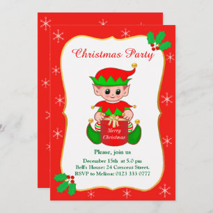 Cute Elf & Snowflakes Christmas Party Invitation