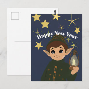 Cute Elf Watcher Starry Night Happy New Year Postc Postcard