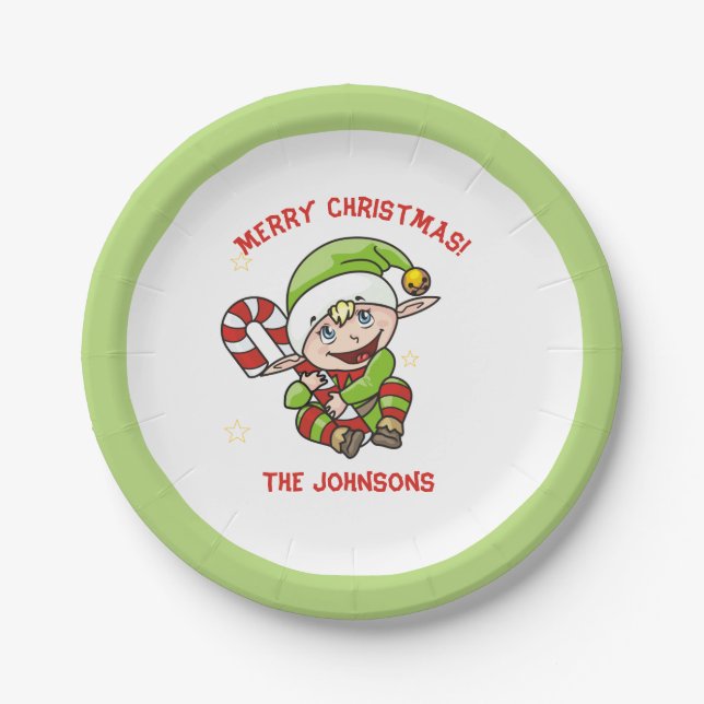 Cute Elf with Candy Cane Christmas Paper Plate (Front)