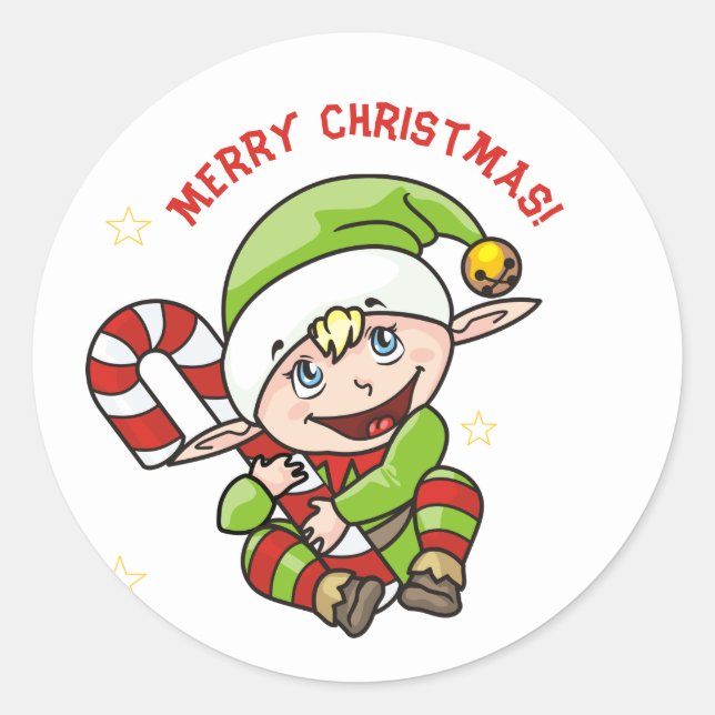 Cute Elf with Candy Cane Christmas Sticker Sea (Front)