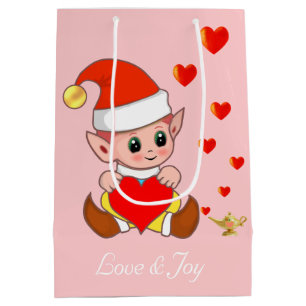 Cute elf with love hearts on light pink medium gift bag