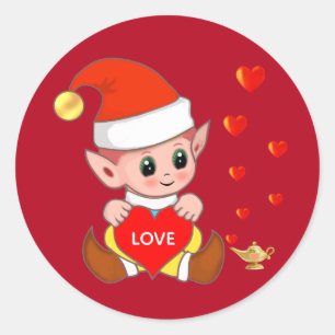 Cute elf with love hearts on red classic round sticker