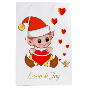 Cute elf with love hearts on white background medium gift bag