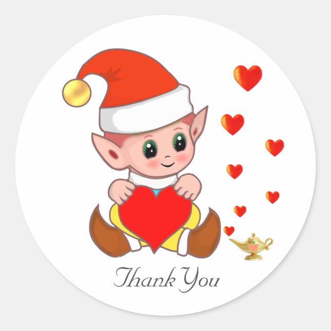 Cute elf with love hearts on white classic round sticker (Front)