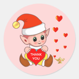 Cute elf with love hearts Thank You Classic Round  Sticker