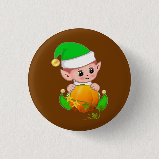 Cute Elf with Pumpkin on Brown 3 Cm Round Badge (Front)