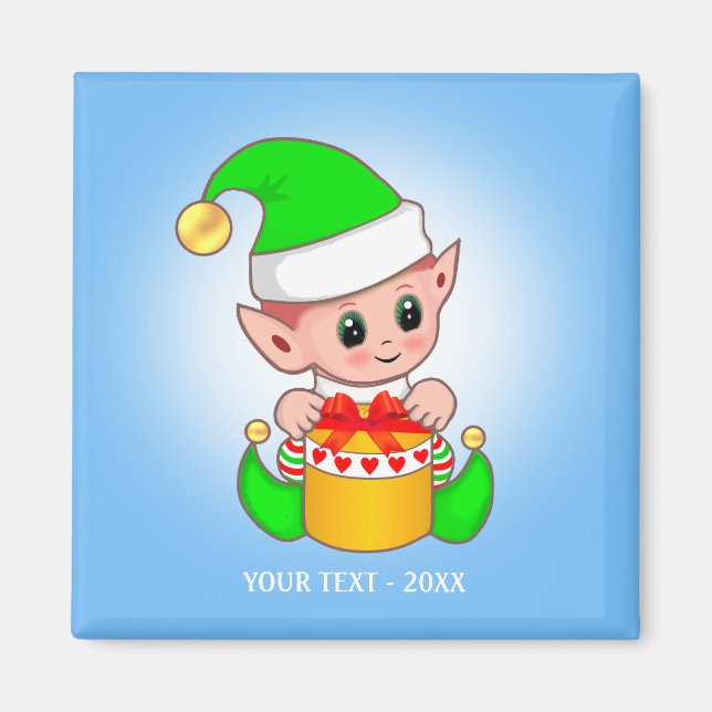 Cute Elf & Your Text on Light Blue Magnet (Front)