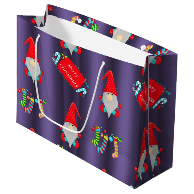 Cute Elves Blue Christmas Large Gift Bag (Front Angled)
