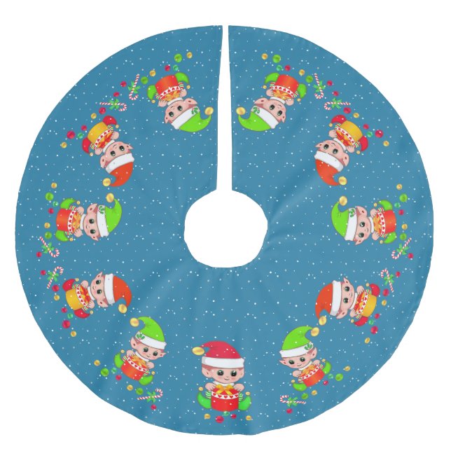 Cute Elves on Sapphire Blue with Snow Accent Brushed Polyester Tree Skirt (Front)