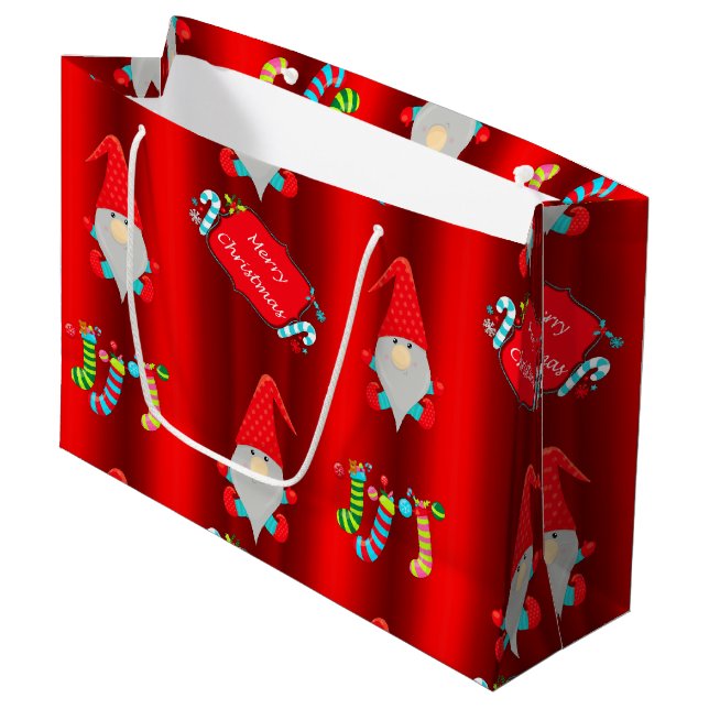 Cute Elves Red Christmas Large Gift Bag (Front Angled)