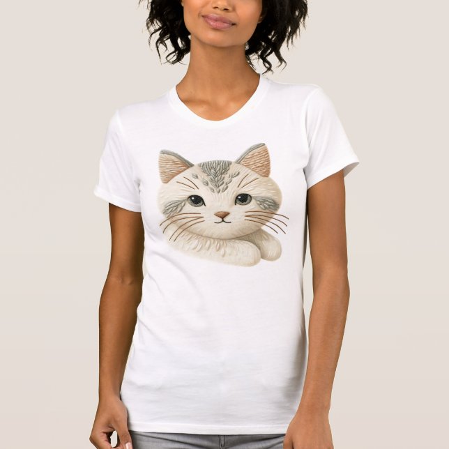 Cute Embroidered Cat Graphic T-shirt Cat Lovers (Front)
