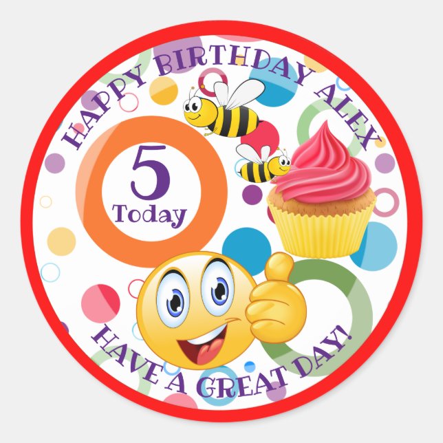 Cute emoji personalised Kids' age Birthday Classic Round Sticker (Front)