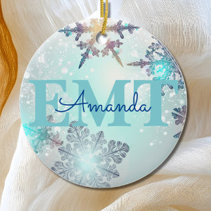 Cute EMT Ice Blue Snowflake Personalised Name Ceramic Tree Decoration