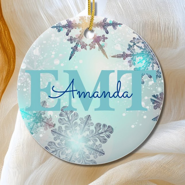 Cute EMT Ice Blue Snowflake Personalised Name  Ceramic Tree Decoration (Creator Uploaded)