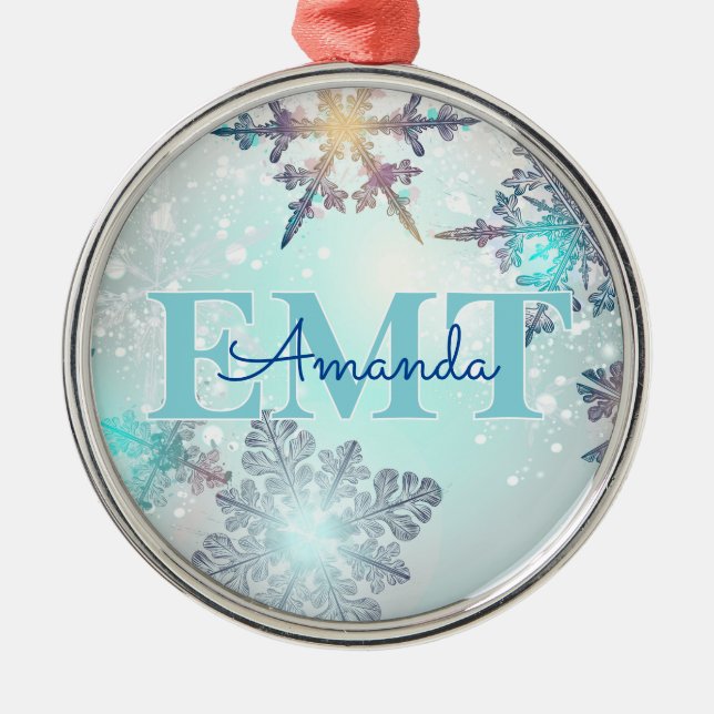 Cute EMT Ice Blue Snowflake Personalized Name  Metal Tree Decoration (Front)