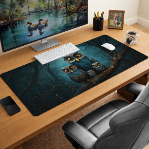 Cute Enchanted Forest Owls Family Art Desk Mat