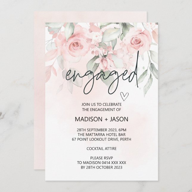 Cute Engaged Engagement Party Blush Pink Floral Invitation (Front/Back)
