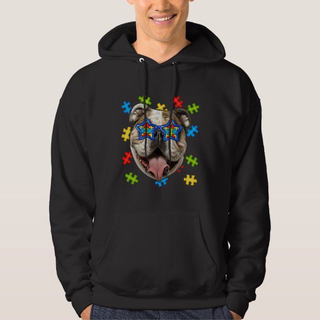Cute English Bulldog Autism Puzzle Sunglasses Pupp Hoodie (Front)