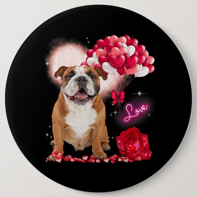 Cute English Bulldog Balloon Heart Valentines Day  6 Cm Round Badge (Front)