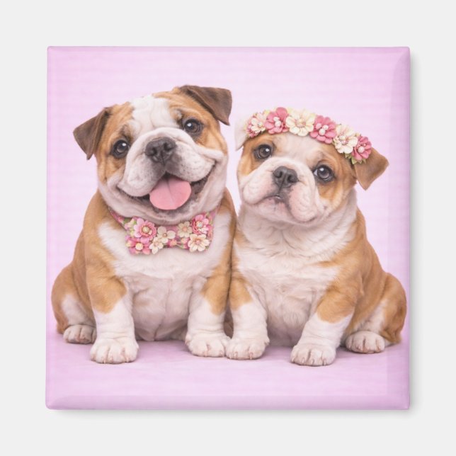 Cute English Bulldog Couple Valentine Illustration Magnet (Front)