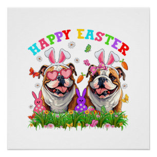 Cute English Bulldog Dog & Bunny Ears Eggs Happy E Poster