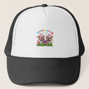 Cute English Bulldog Dog & Bunny Ears Eggs Happy E Trucker Hat