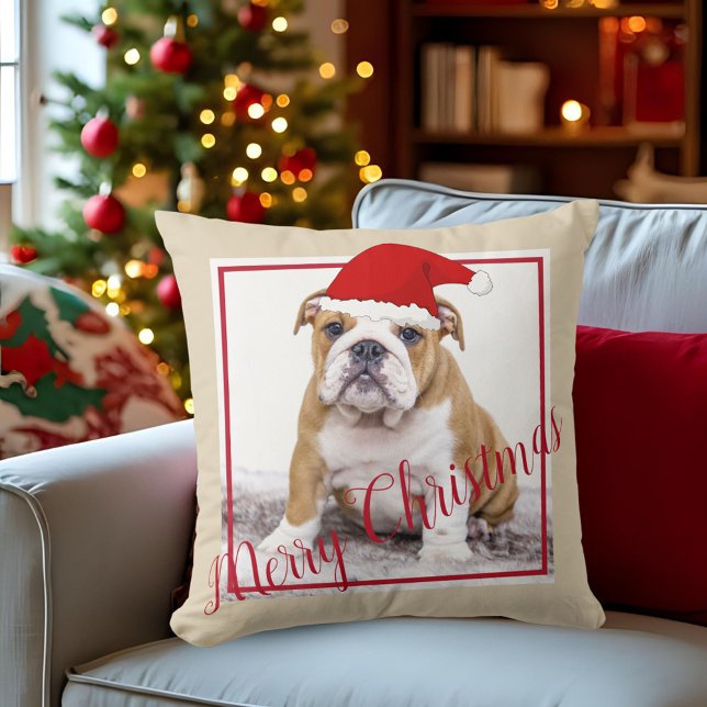 Cute English Bulldog Merry Christmas Photo Cushion (Creator Uploaded)