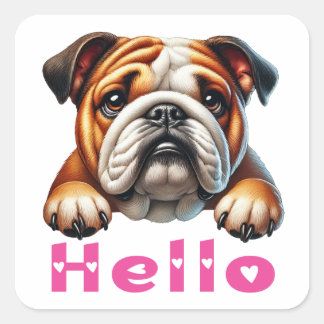 Cute English Bulldog Puppy Dog Hello  Square Sticker