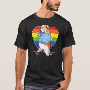 Cute English Bulldog Skateboarder Rainbow Heart Sk T-Shirt
