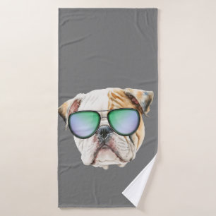 Cute english bulldog with sunglasses, Funny puppy  Bath Towel