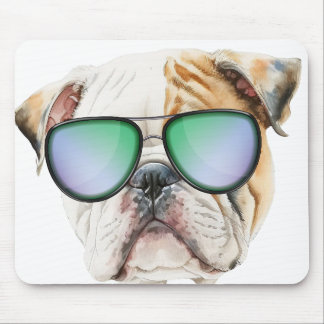 Cute english bulldog with sunglasses, Funny puppy Mouse Pad