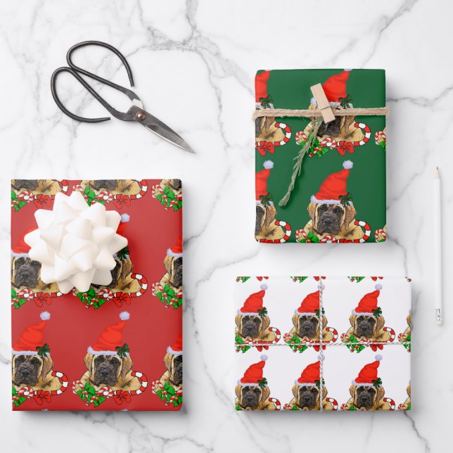 Cute English Mastiff Christmas Wrapping Paper Sheet (Front)