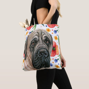 Cute English Mastiff With Red Poppy Flower Pattern Tote Bag