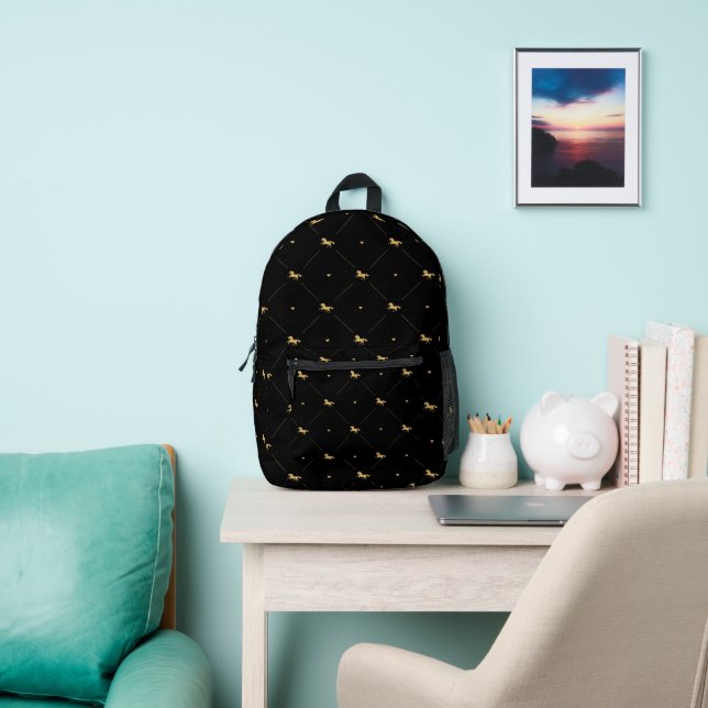 Cute Equestrian Horse Pattern Black & Gold Printed Backpack (Insitu)