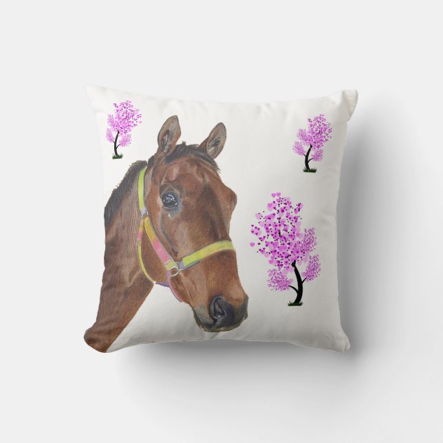 Cute Equestrian Thoroughbred Horse Pillow (Front)
