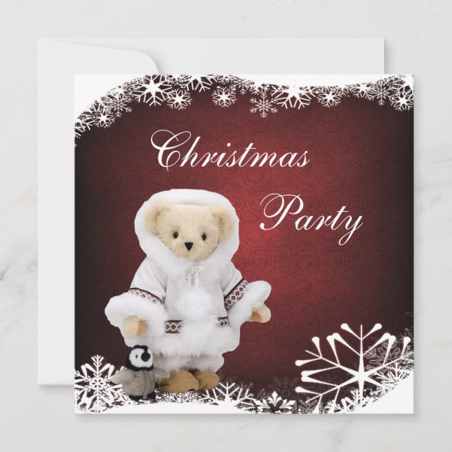 Cute Eskimo Teddy Bear & Penguin Christmas Party Invitation (Front)
