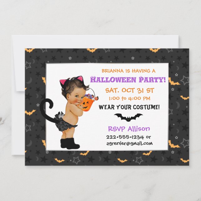 Cute Ethnic Baby Girl Cat Costume Halloween Party Invitation (Front)