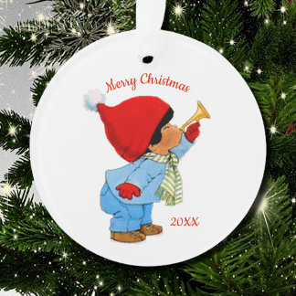 Cute Ethnic Christmas Tot with Trumpet Ornament