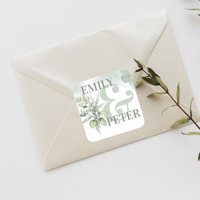 Cute Eucalyptus Leaves Elegant Greenery Wedding Square Sticker (Creator Uploaded)