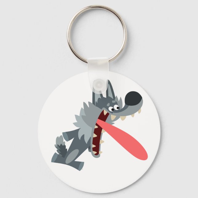 Cute Excited Cartoon Wolf Keychain (Front)